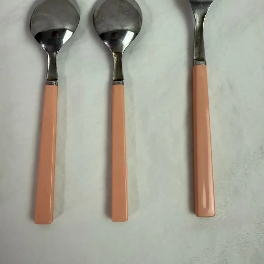 VTG Set of 8 Stainless Flatware Pink Plastic Handle Japan Knives Tea Spoon Forks